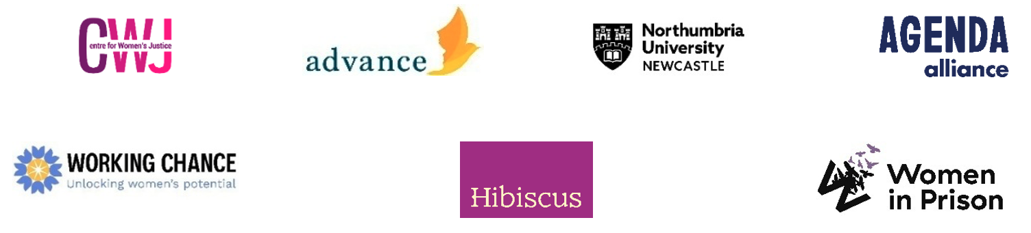 two rows of logos for women's organisations: centre for women's justice, advance, northumbria university newcastle, agenda alliance, working chance, hibiscus and women in prison.