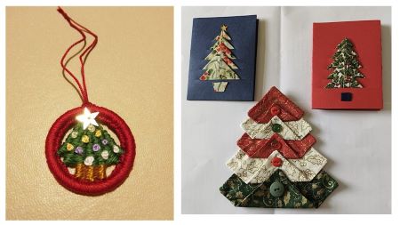 pictures of dorset button, christmas card and christmas hanging ornament