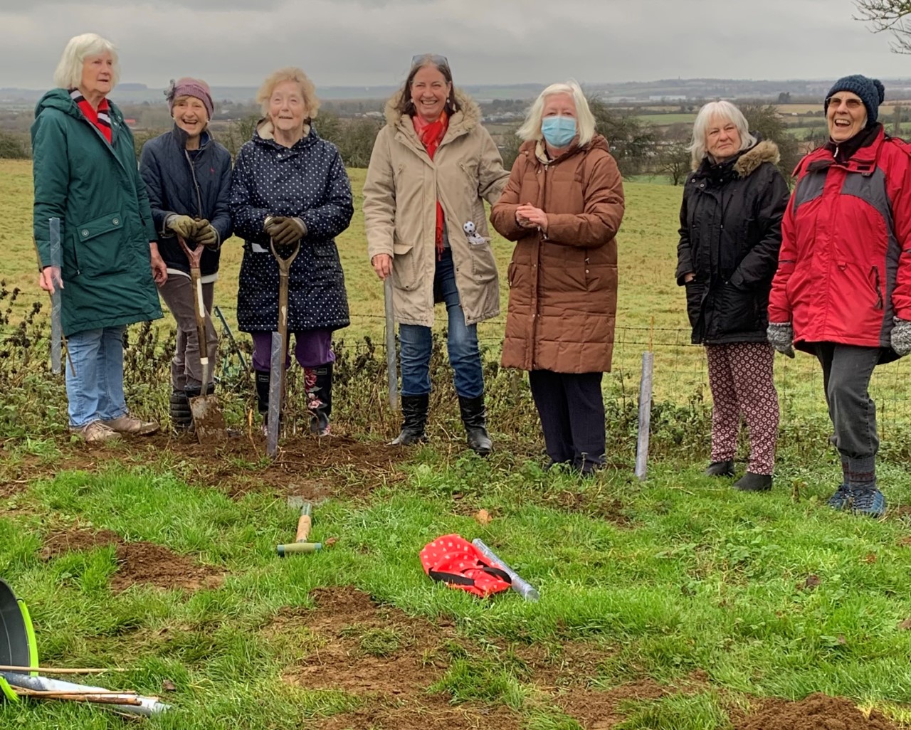 HM The Queen's green canopy Tree planting on a muddy day
