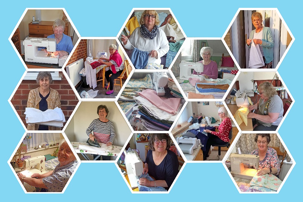 A picture collage of women creating scrubs bags