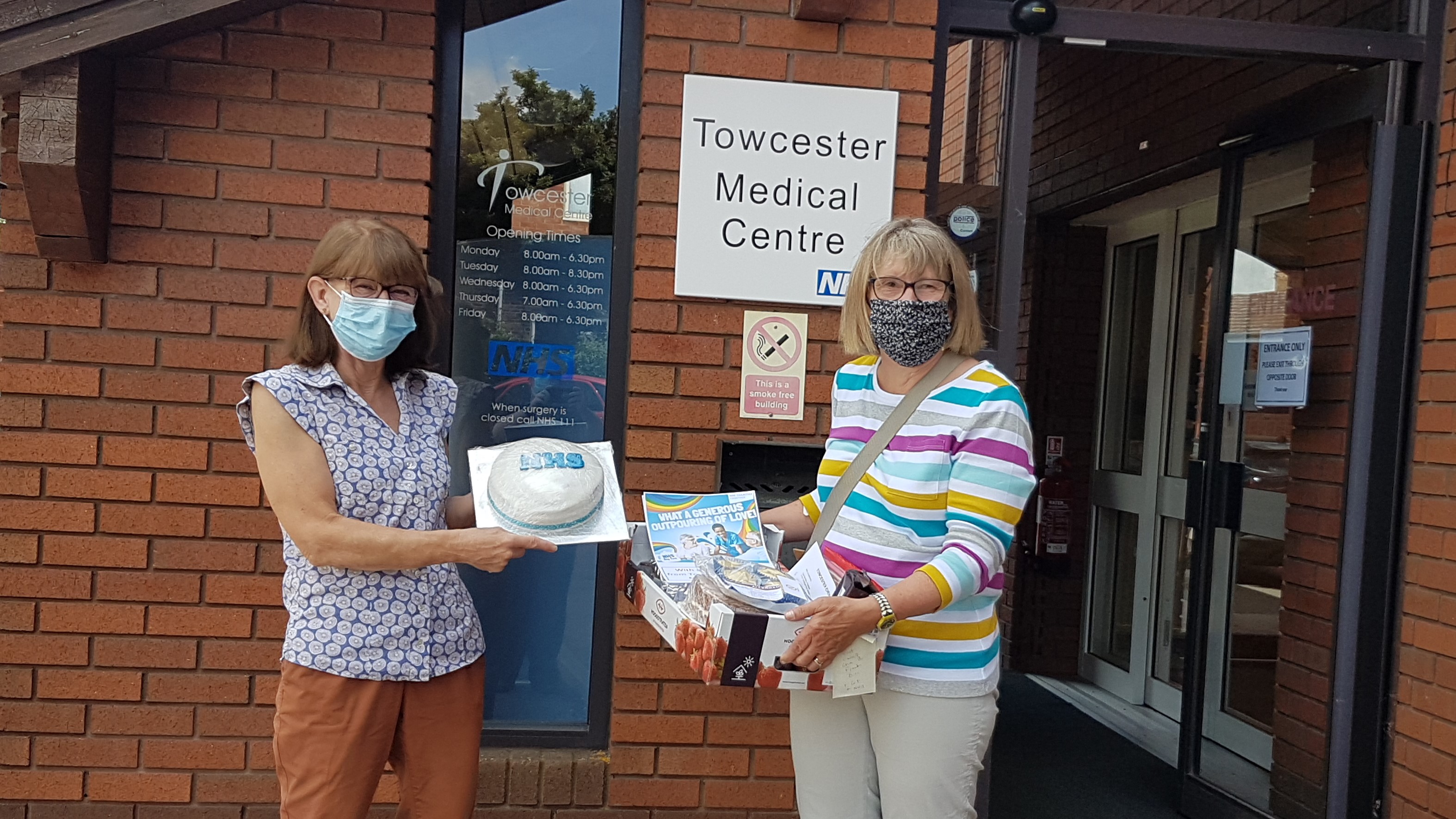 Delivering cakes outside Towcester medical centre