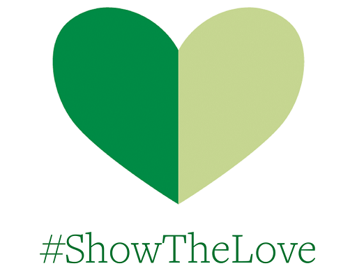 A green heart on a white background. Below it reads #ShowTheLove